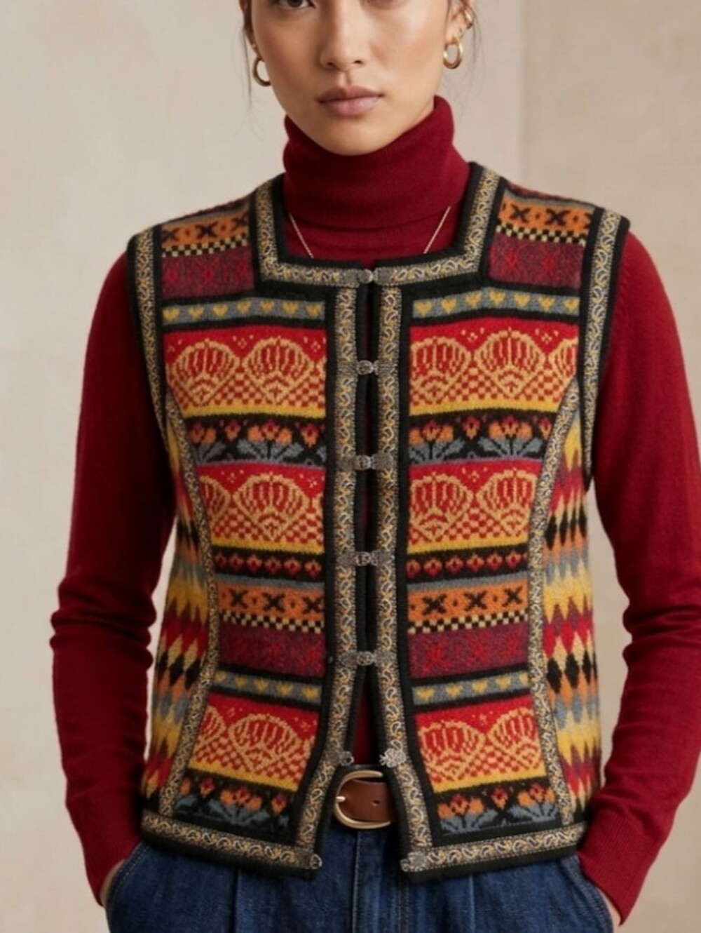 Multicolor Fair Isle Knit Cardigan Vest  With Metallic And Metal Accents